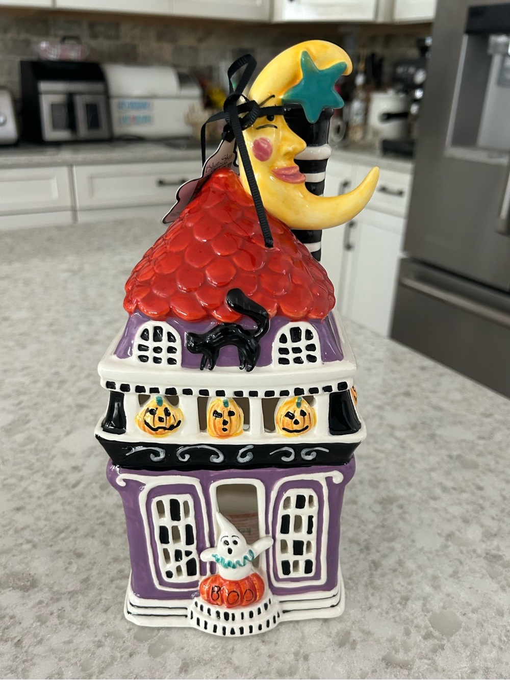 “New” Blue Sky Clayworks Ceramic Halloween Haunted House Tealight holder w/ Moon
